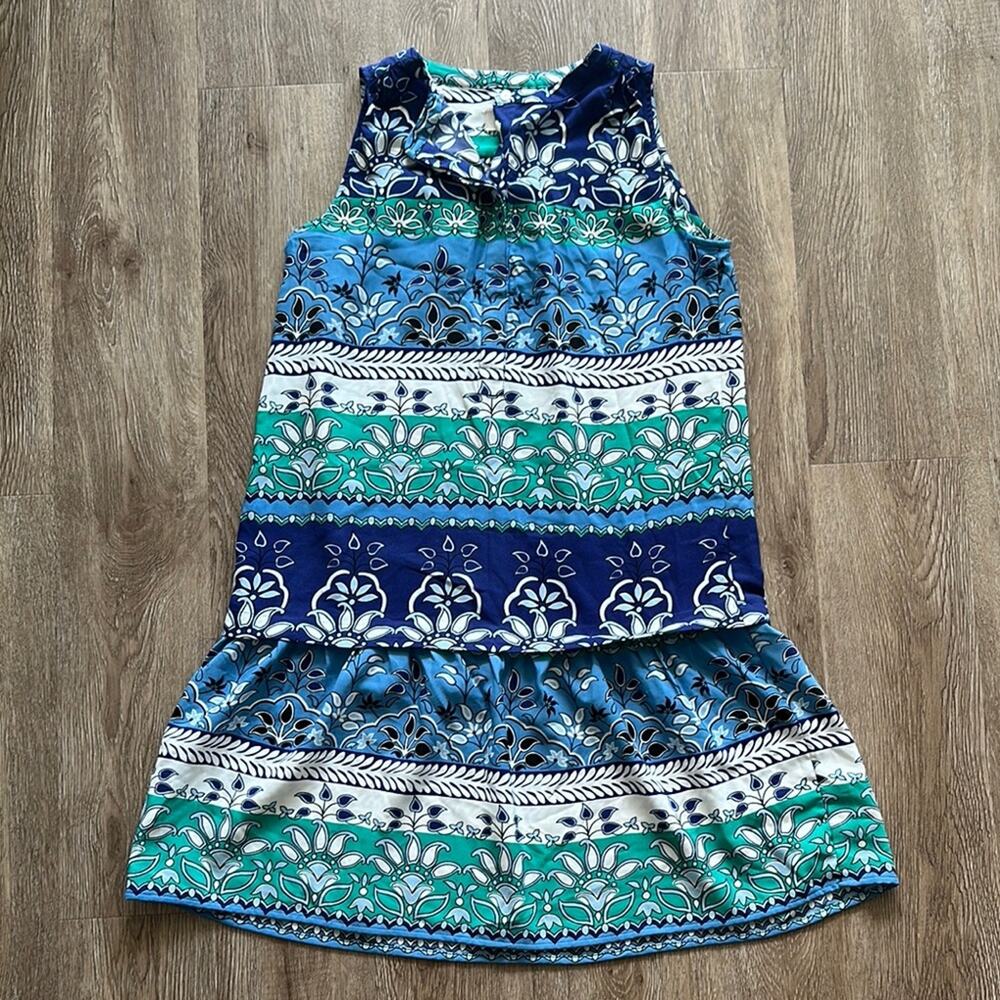 LOFT Sleeveless Tiered‎ Dress Green Blue Floral Small Button Front Summer